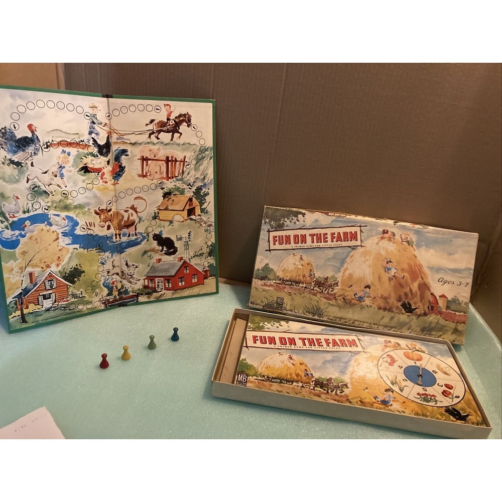 1947 MILTON BRADLEY Board Game FUN ON THE FARM original box USED ~Actual Photos~